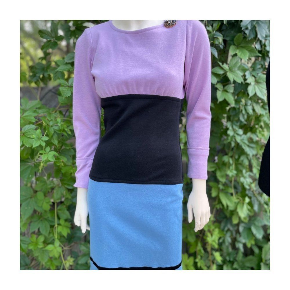 Yves Saint Laurent Rive Gauche 90s Color Block Dress Wool Knit Long Sleeve
